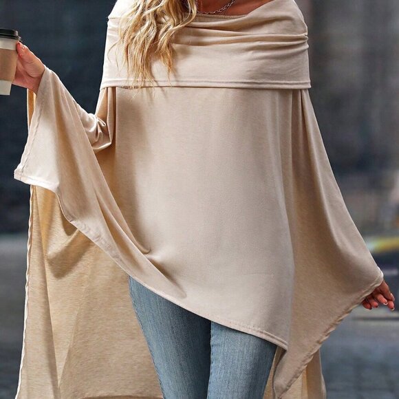 Apricot Elegant Women's Off Shoulder Asymmetrical Hem Tee - Picture 7 of 7